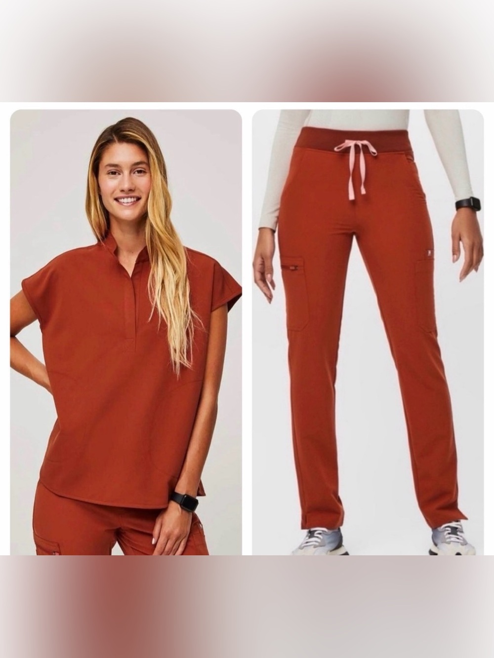 FIGS SET Rafaela Oversized Scrub Top and Yola Skinny Scrub Pant Auburn Orange XS